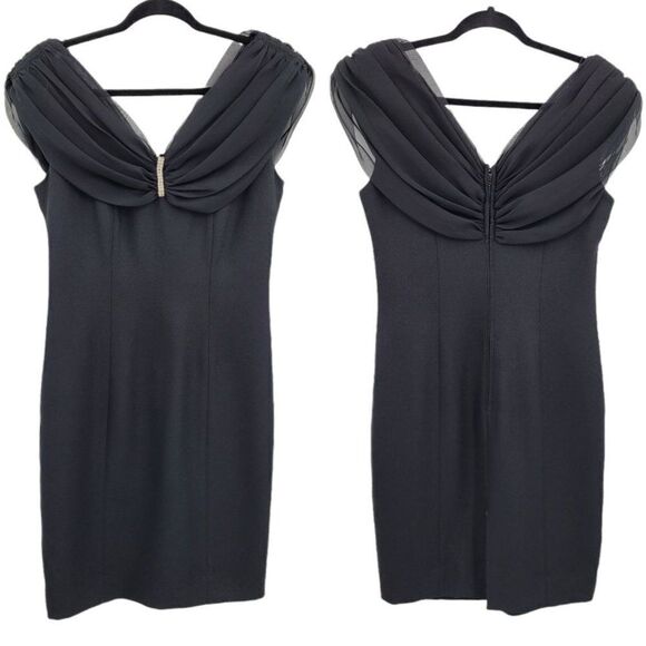 Vtg 80's Leslie Fay Dress Cocktail Sheer Draped Off Shoulder Sheath Blk Sz 8 - Picture 1 of 9